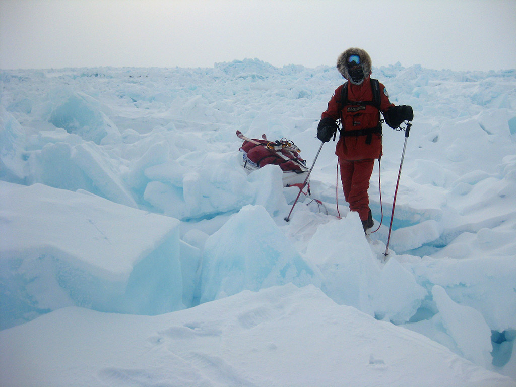Almost at the pole, the Arctic ice threw a field of junky rubble at us one last time, making skis difficult to wear.