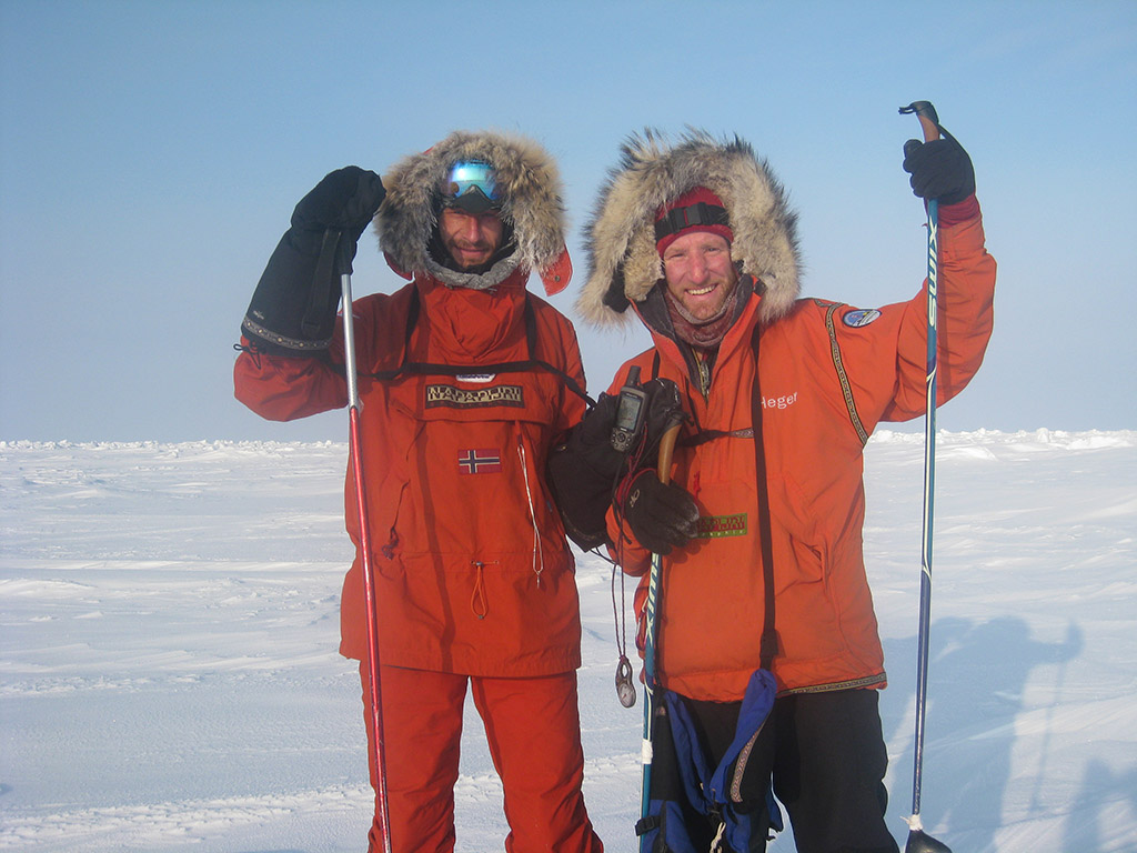 After five weeks and an estimated 400 miles on foot (factoring drift) Sebastian and Keith stand at the North Pole on April 26th, 2009.